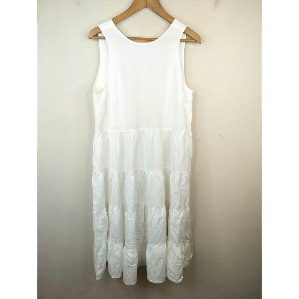 LOFT Beach White Tiered Midi Dress Medium Open Back Linen Blend Coastal Boho